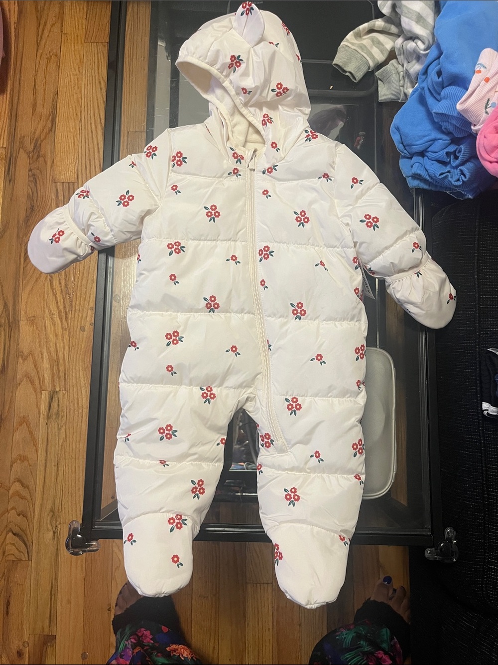 Old Navy Cream Puffer Snowsuit with Red Floral Print